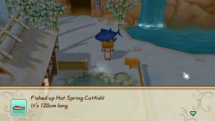 The farmer catches a Guardian Fish in the Hot Spring. Source / Story of Seasons: Friends of Mineral Town