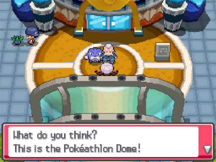 The player encountering Magnus during their first time entering the Pokéathlon Dome main premises / Pokémon HGSS