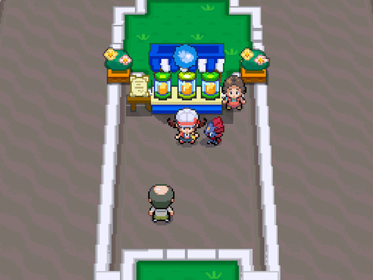 The player standing in front of the Aprijuice Stand / Pokémon HGSS