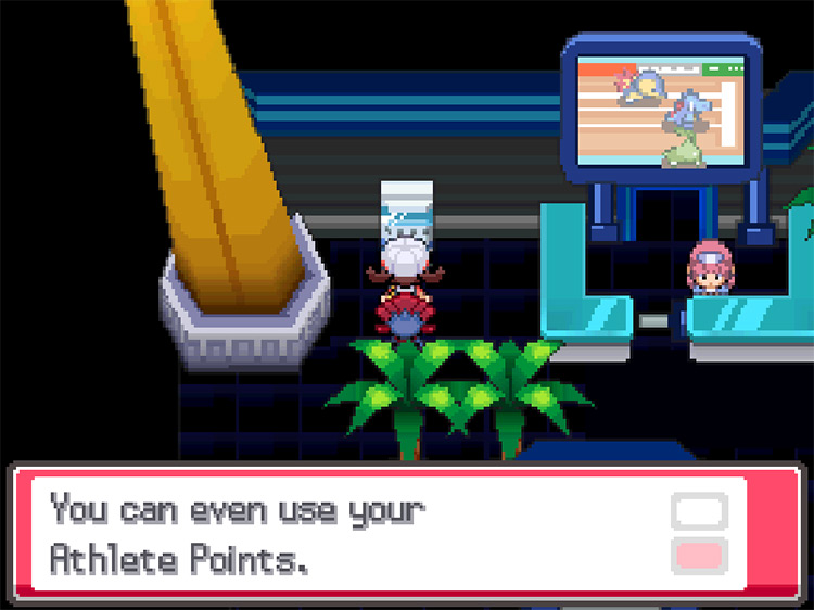 Interacting with the Pokéathlon Dome’s vending machine, the Link Pokéathlon counter seen beside it at the right / Pokémon HGSS