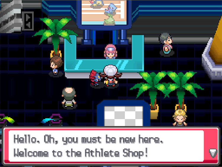 The Athlete Shop counter at the right of the lobby, with the escalators to the Basement on the upper left / Pokémon HGSS