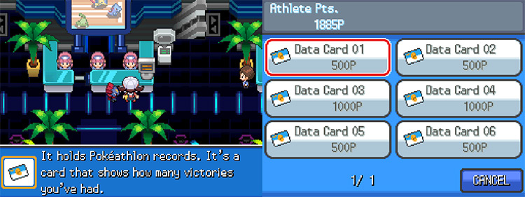 The Data Card Shop’s menu displaying the first batch of Data Cards available for sale / Pokémon HGSS