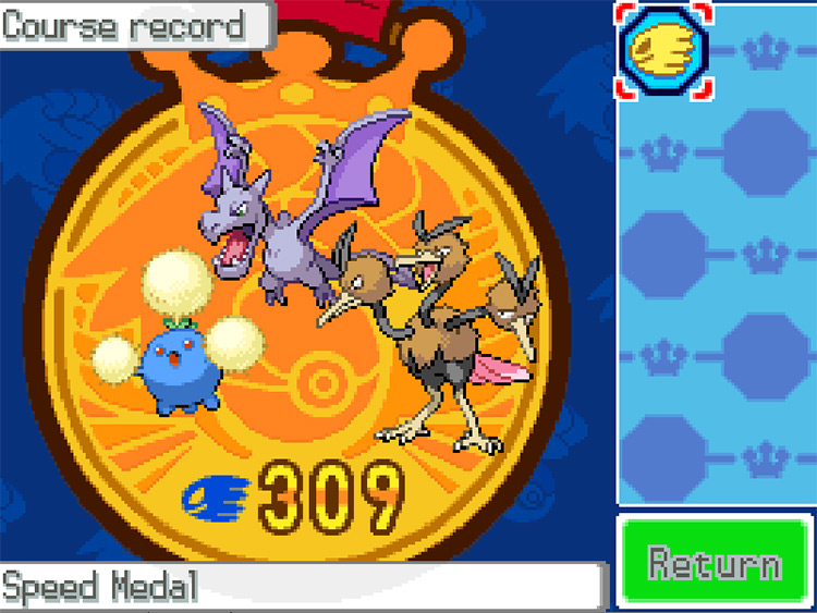 The Solidarity Room’s record screen, showing the player’s high score and medal for the Speed Course / Pokémon HGSS