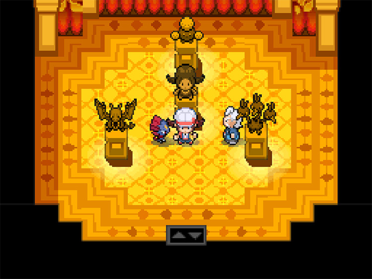 The Friendship Room which contains statues of the player and of their most recent team of Pokéathletes / Pokémon HGSS