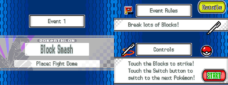 The pre-event instructions and controls guide before the start of Block Smash / Pokémon HGSS