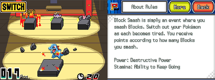The details screen for Block Smash, featuring a shot of the event on the upper screen / Pokémon HGSS