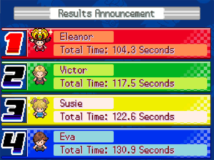 Achieving first place at Hurdle Dash, showing each participant’s recorded time / Pokémon HGSS