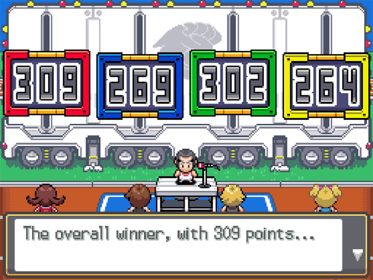 The final tally and winner announcement at the Pokéathlon, showing all the participants facing large score displays / Pokémon HGSS