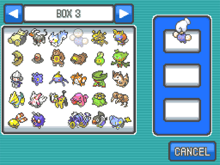 Picking out a Pokémon from one of the player’s PC Boxes at the team selection menu / Pokémon HGSS