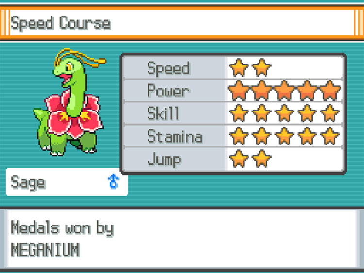 A Meganium’s Performance stat screen, viewed from the Speed Course team selection menu / Pokémon HGSS