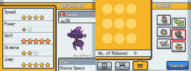 The Performance and Ribbons screens as seen in a Pokémon’s summary / Pokémon HGSS