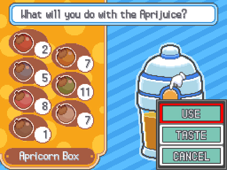 Displaying the menu that pops up when the player presses the Apriblender’s yellow button while it contains Aprijuice / Pokémon HGSS