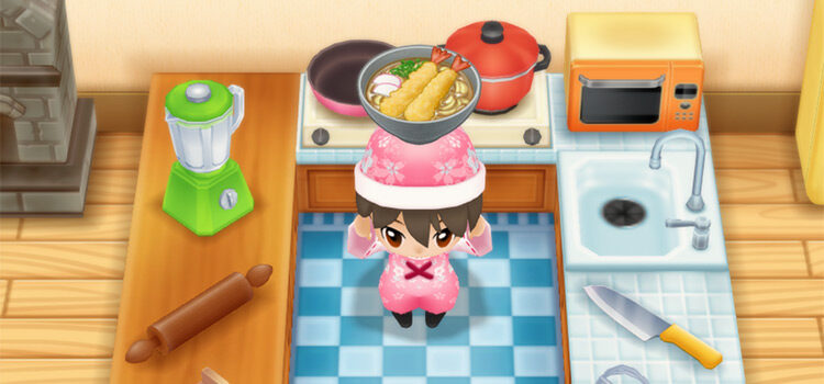 Holding a bowl of Tempura Udon in SoS:FoMT