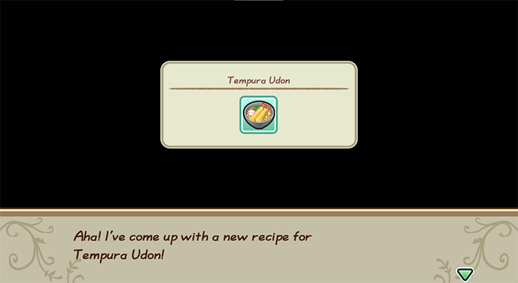The farmer gets inspired to cook Tempura Udon while in the kitchen. / Story of Seasons: Friends of Mineral Town