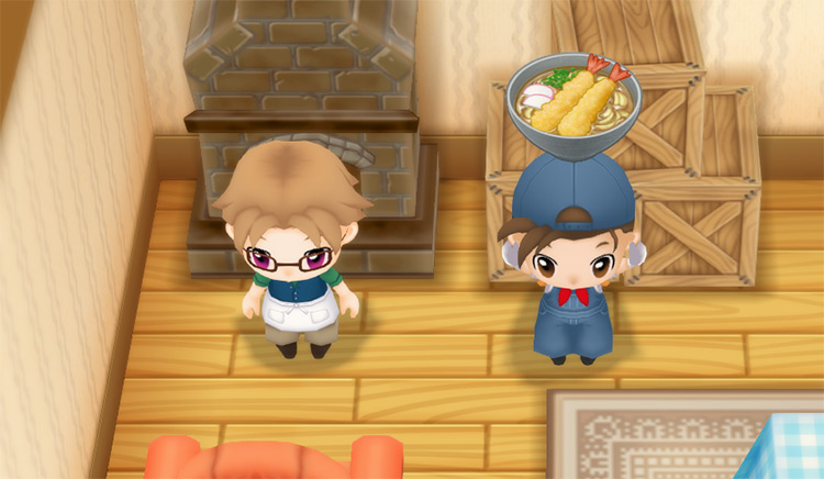 The farmer stands next to Rick while holding a bowl of Tempura Udon. / Story of Seasons: Friends of Mineral Town