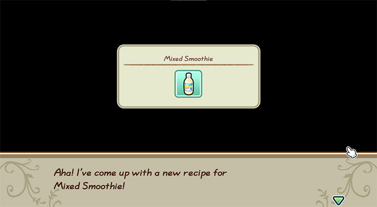 The farmer gets inspired to cook Mixed Smoothie while in the kitchen. / Story of Seasons: Friends of Mineral Town