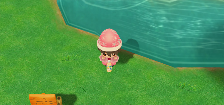 The farmer drinks a Mixed Smoothie to restore stamina while fishing. / Story of Seasons: Friends of Mineral Town