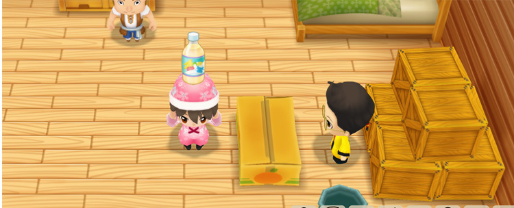 The farmer stands in front of Huang’s counter while holding a Mixed Smoothie. / Story of Seasons: Friends of Mineral Town