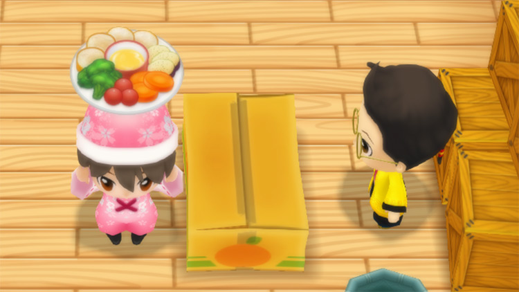 The farmer stands in front of Huang’s counter while holding Cheese Fondue. / Story of Seasons: Friends of Mineral Town
