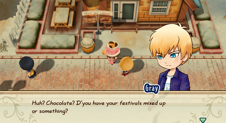The farmer gifts Orangettes to Gray on Valentine’s Day. / Story of Seasons: Friends of Mineral Town