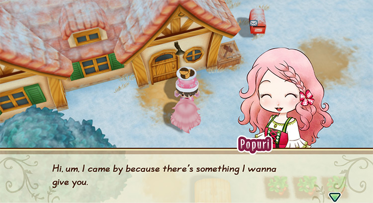 The farmer receives Orangettes from Popuri during Valentine’s Day. / Story of Seasons: Friends of Mineral Town