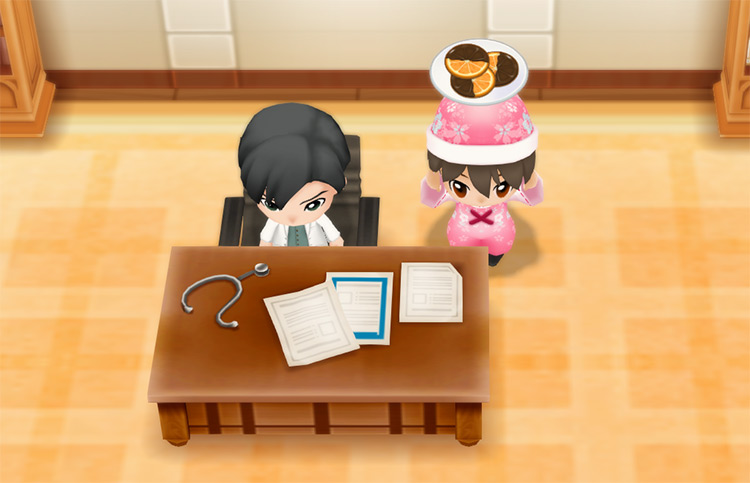 The farmer stands next to Doctor while holding a plate of Orangette. / Story of Seasons: Friends of Mineral Town