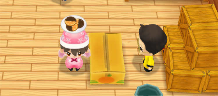 The farmer stands in front of Huang’s counter while holding a plate of Orangette. / Story of Seasons: Friends of Mineral Town