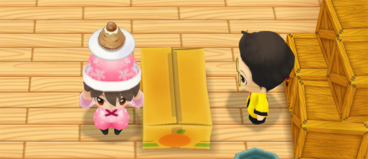 The farmer stands in front of Huang’s counter while holding a serving of Mont Blanc. / Story of Seasons: Friends of Mineral Town