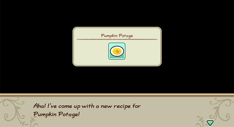 The farmer gets inspired to cook Pumpkin Potage while in the kitchen. / Story of Seasons: Friends of Mineral Town