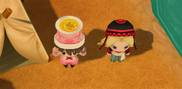 The farmer stands next to Jennifer while holding a bowl of Pumpkin Potage. / Story of Seasons: Friends of Mineral Town