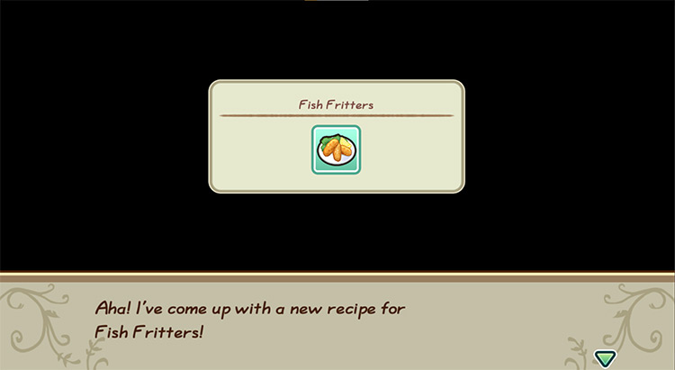 The farmer gets inspired to cook Fish Fritters while in the kitchen. / Story of Seasons: Friends of Mineral Town