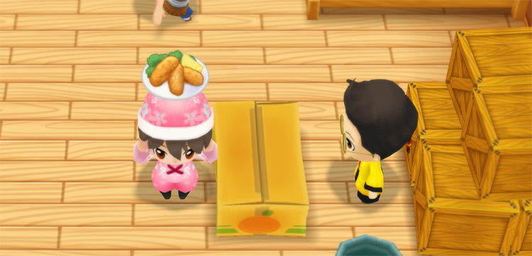 The farmer stands in front of Huang’s counter while holding a plate of Fish Fritters. / Story of Seasons: Friends of Mineral Town