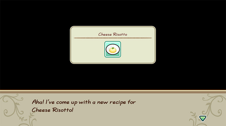 The farmer gets inspired to cook Cheese Risotto while in the kitchen. / Story of Seasons: Friends of Mineral Town