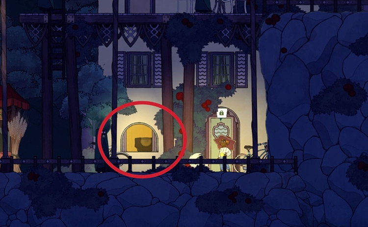 The chest is just inside the house beside the Raccoon Shop / Spiritfarer