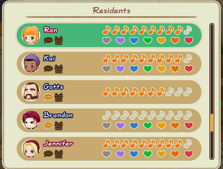 View of the Villager Friendship menu with some marriage candidates shown. / Story of Seasons: Friends of Mineral Town
