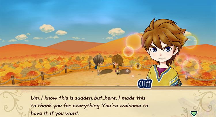 The farmer participates in Cliff’s heart event. / Story of Seasons: Friends of Mineral Town