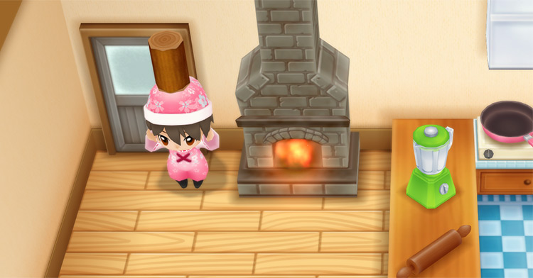 The farmer places Lumber into the fireplace. / Story of Seasons: Friends of Mineral Town