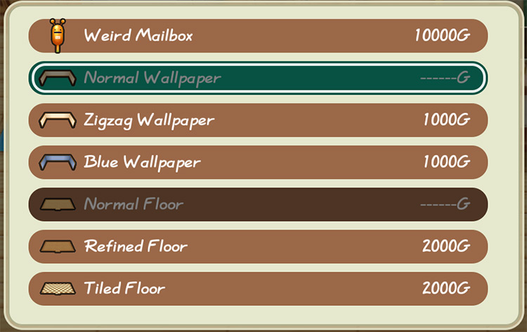 Screen capture of Gotts’ shop menu showing wallpaper/flooring options. / Story of Seasons: Friends of Mineral Town