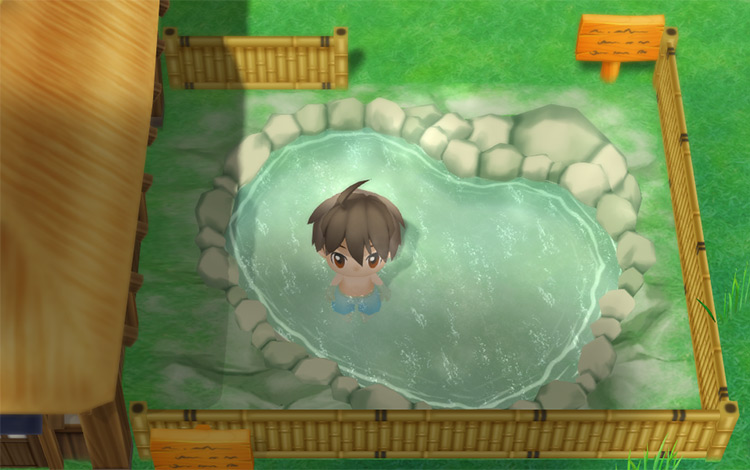 The farmer uses the Hot Spring. / Story of Seasons: Friends of Mineral Town