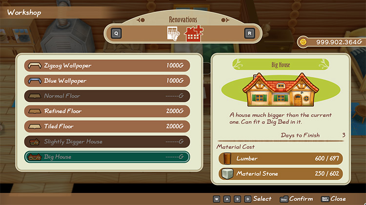 Screen capture of the house upgrade menu in Gotts’ workshop. / Story of Seasons: Friends of Mineral Town