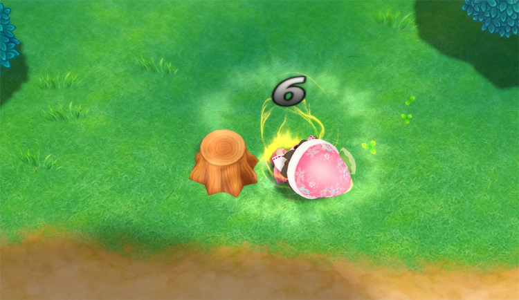 The farmer cuts down a stump in the forest. / Story of Seasons: Friends of Mineral Town
