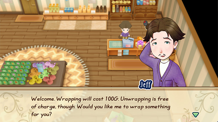 The farmer wraps a gift item in the General Store. / Story of Seasons: Friends of Mineral Town