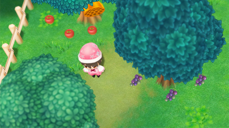 The farmer stands in the middle of several fruit trees on the farm. / Story of Seasons: Friends of Mineral Town