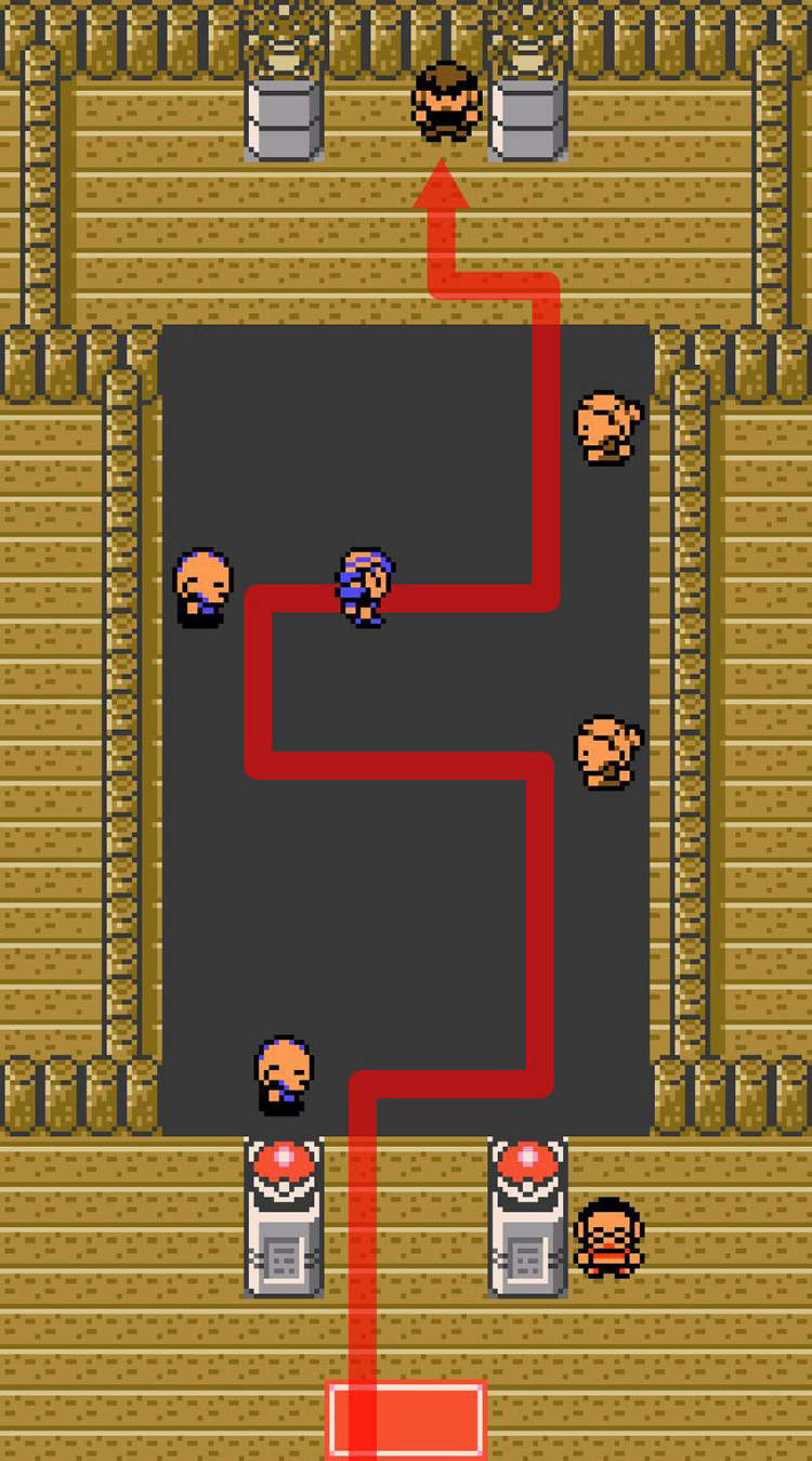 The correct path over the invisible flooring. Follow closely not to fall. / Pokémon Crystal