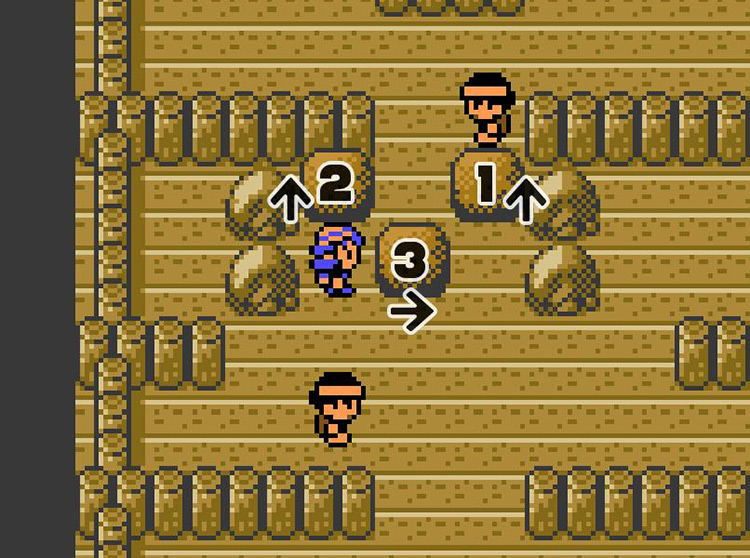 Moving boulders around to open a way forward through Cianwood Gym. / Pokémon Crystal