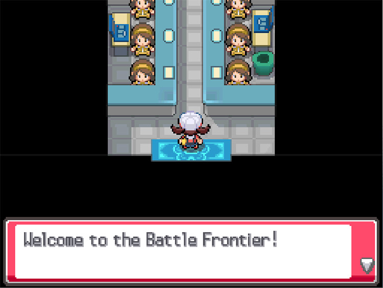 The player receiving a welcome from the attendants at the Battle Frontier entrance after entering for the first time / Pokemon HGSS