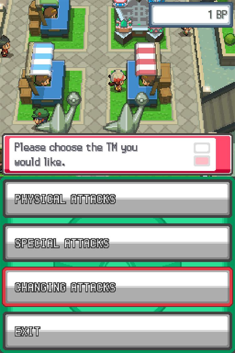 The TM category selection menu at the Battle Frontier’s TM exchange stall, with the Changing Attacks set highlighted in red / Pokemon HGSS
