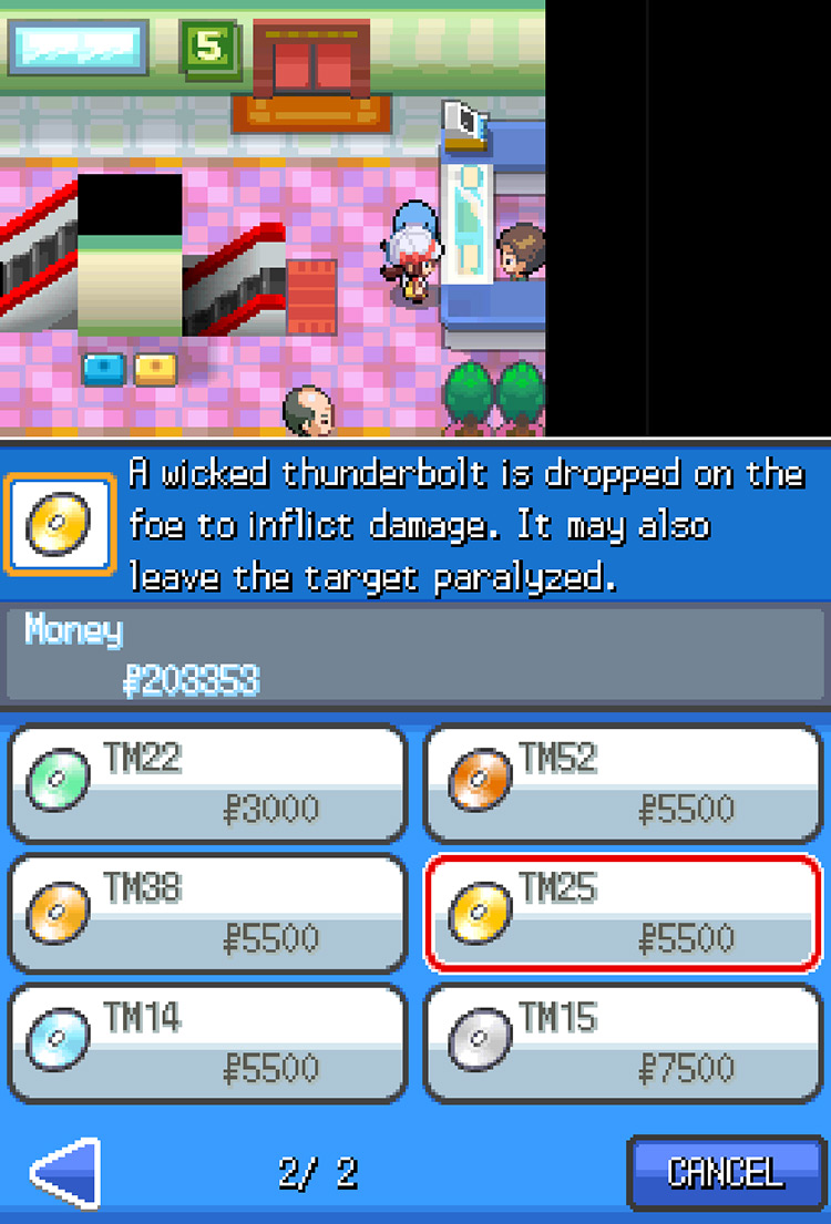 The set of TMs for sale at the Goldenrod Department Store, with a red highlight around TM25 Thunder / Pokemon HGSS