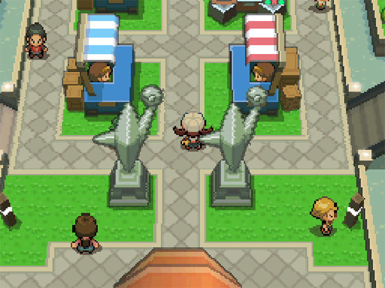 The player entering the Battle Frontier grounds, standing close to a pair of BP exchange stalls  / Pokemon HGSS