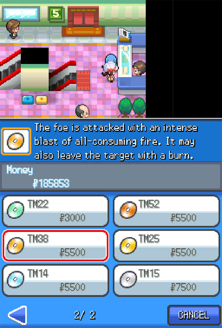 The set of TMs for sale at the Goldenrod Department Store, with a red highlight around TM38 Fire Blast / Pokemon HGSS